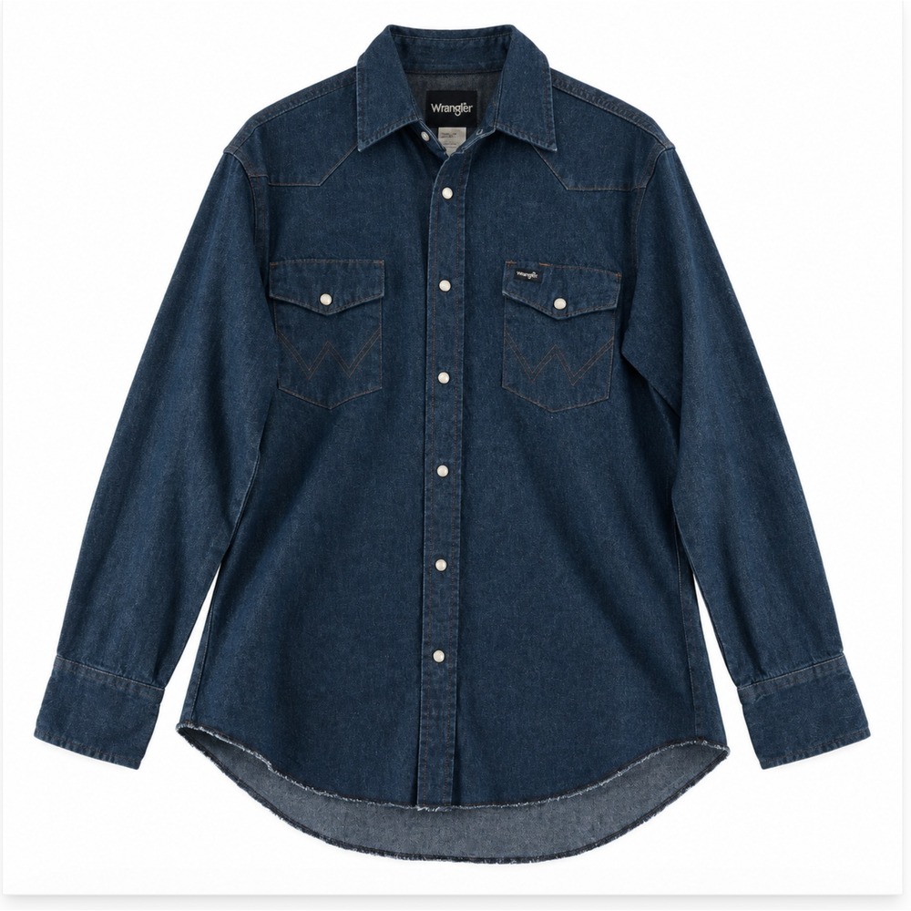 Wrangler Western Shirt Men M Dark Wash Blue Denim Cowboy Cut Pearl Snap Retro